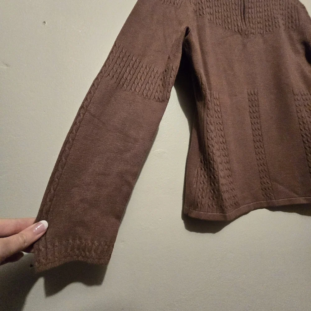 NILS Women Cable Knit Sweater LG 1/4 Zip Mock Neck Light Brown Stretch Apres Ski